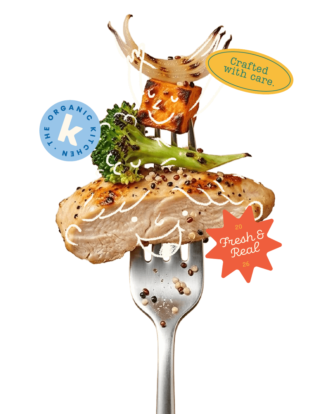 Fork with organic chicken, broccoli, sweet potato and onion