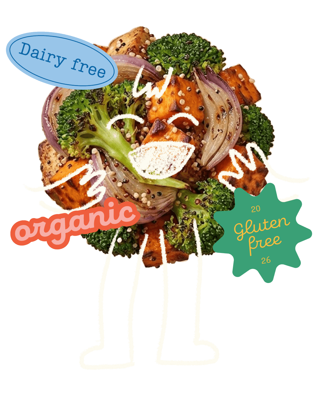 Roasted tofu, broccoli, sweet potato and onion: dairy free, organic, gluten free